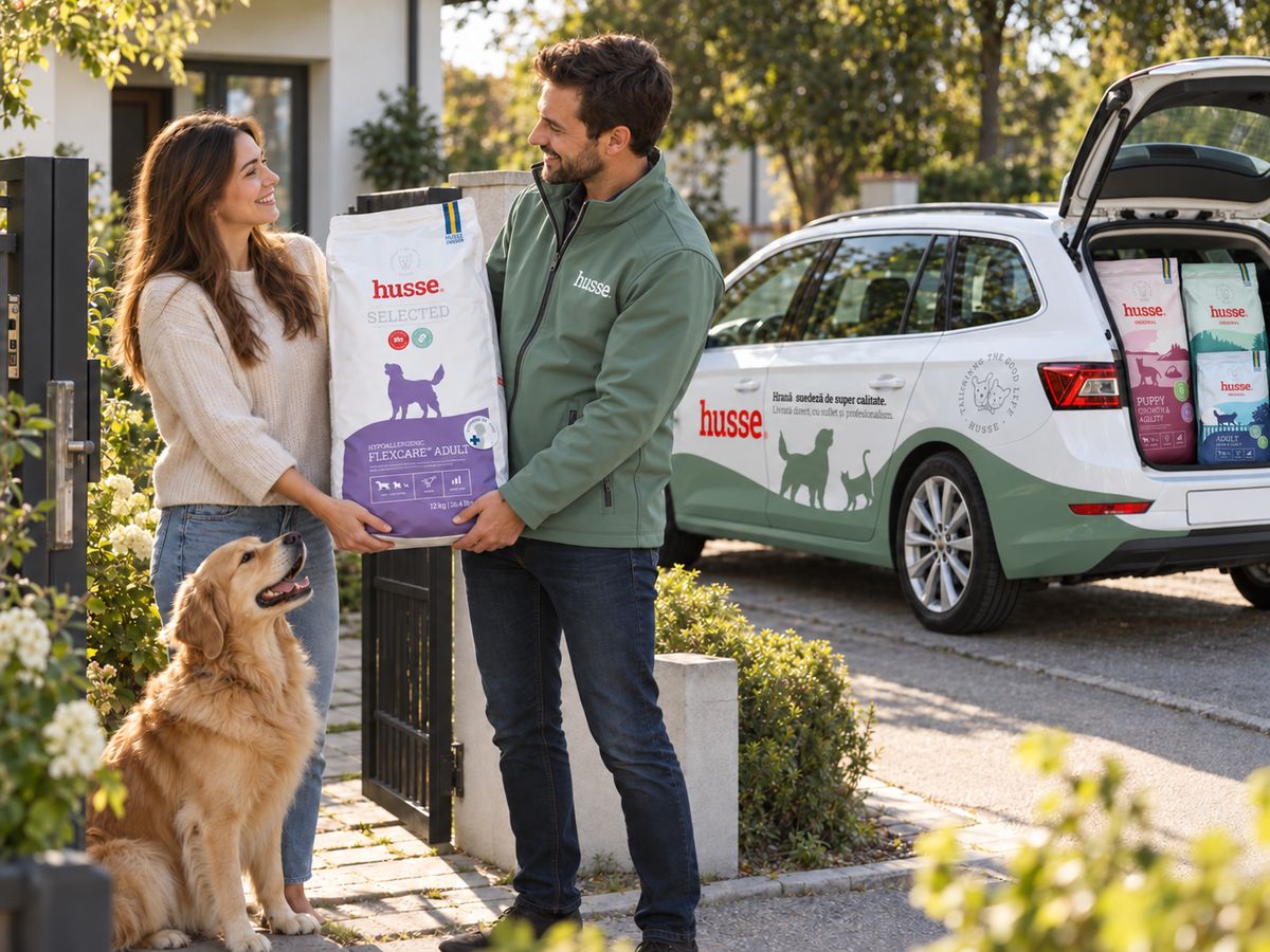 Partener Husse cu geacă verde predă un sac de hrană Husse unei cliente la poartă, lângă golden retrieverul ei; în spate, mașina break colantată Husse cu portbagajul plin de produse